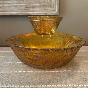 Indian Glass Chip & Dip Bowl.  Gold color basket weave pattern. Gently used!